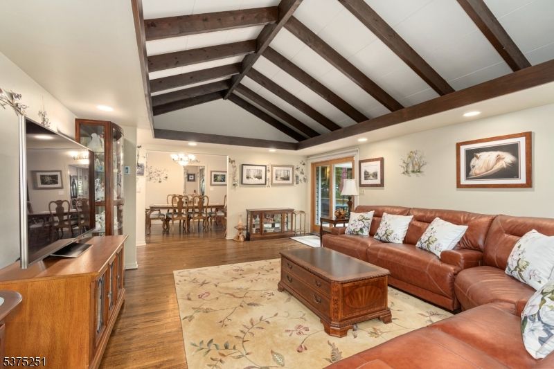 Chandelier, Dining room, Interior, Living room, Recessed Lighting, Wooden Beams, Wood Texture Flooring