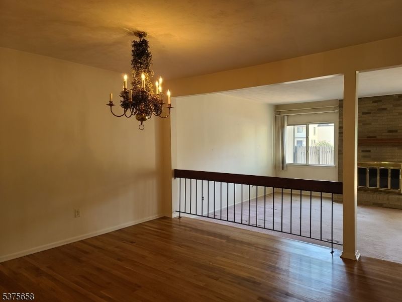 Chandelier, Empty room, Interior, Stone Walls, Wood Texture Flooring