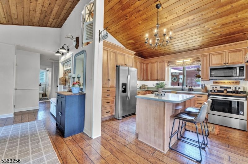 Chandelier, Interior, Kitchen, Stainless Steel Appliances, Wooden Ceilings, Wood Texture Flooring