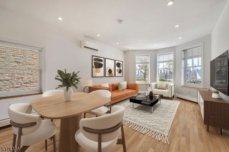 Dining room, Interior, Living room, Recessed Lighting, Wood Texture Flooring