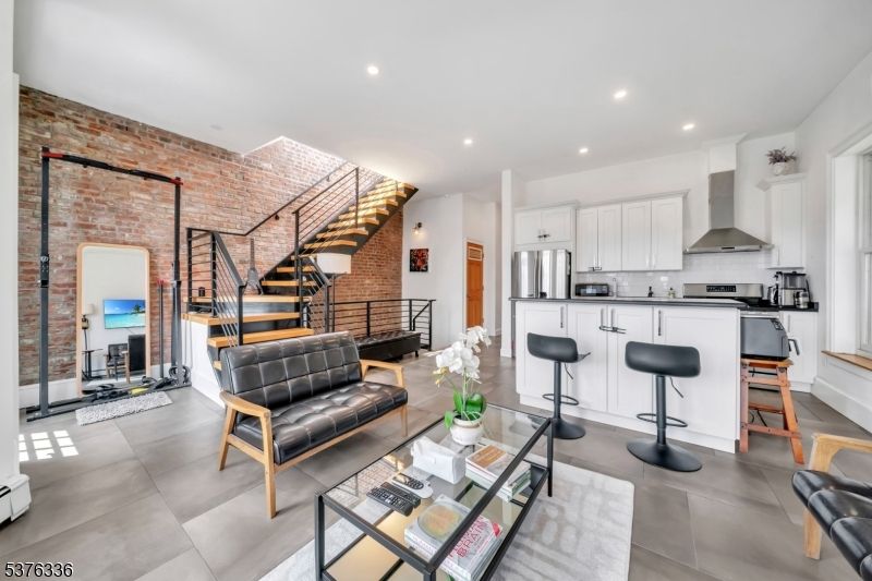 Interior, Kitchen, Living room, Recessed Lighting, Stainless Steel Appliances, Stone Walls