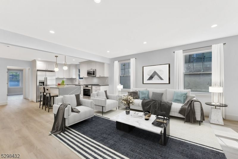 Interior, Kitchen, Living room, Pendant Lights, Recessed Lighting, Stainless Steel Appliances, Wood Texture Flooring