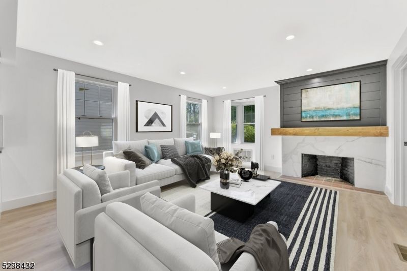 Fireplace, Interior, Living room, Recessed Lighting, Wood Texture Flooring
