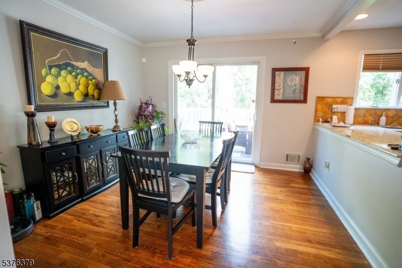 Dining room, Interior, Pendant Lights, Recessed Lighting, Wood Texture Flooring