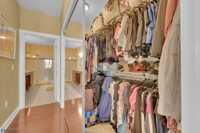 Bathroom, Glass Shower, Interior, Walk-in Closets, Wood Texture Flooring