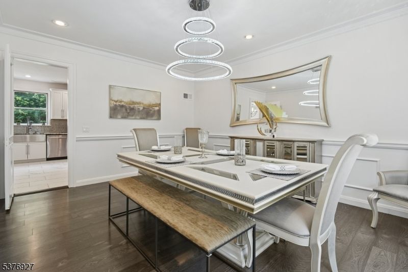 Dining room, Interior, Pendant Lights, Recessed Lighting, Wood Texture Flooring