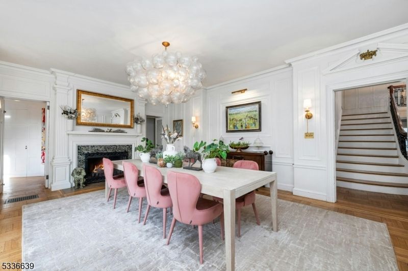 Chandelier, Dining room, Fireplace, Interior, Wood Texture Flooring