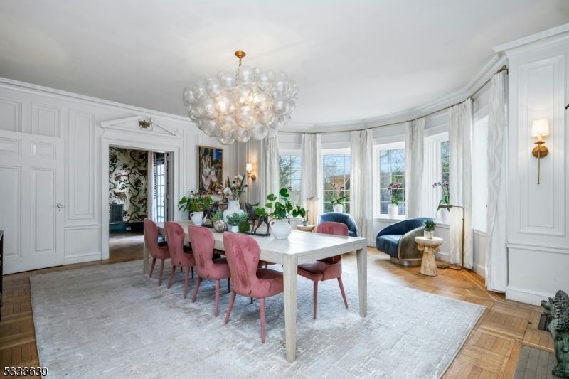 Chandelier, Dining room, Interior, Wood Texture Flooring