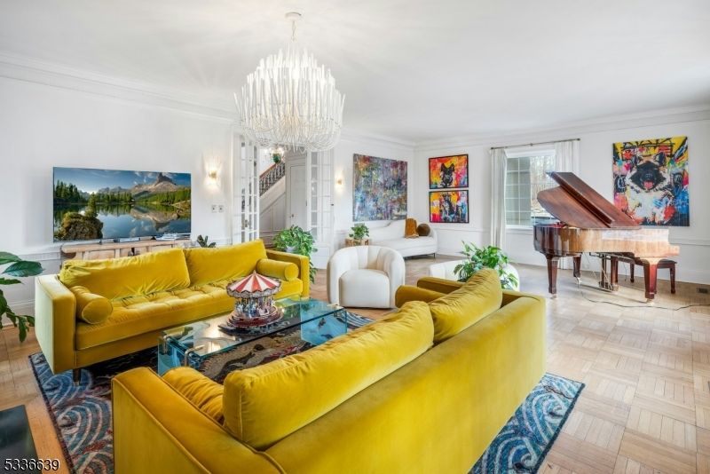 Chandelier, Interior, Living room, Piano, Wood Texture Flooring