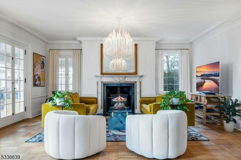 Chandelier, Fireplace, Interior, Living room, Wood Texture Flooring