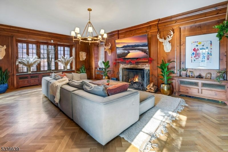 Chandelier, Fireplace, Interior, Living room, Wood Texture Flooring, Wooden Walls