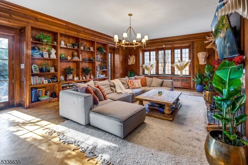 Chandelier, Interior, Living room, Wood Texture Flooring, Wooden Walls