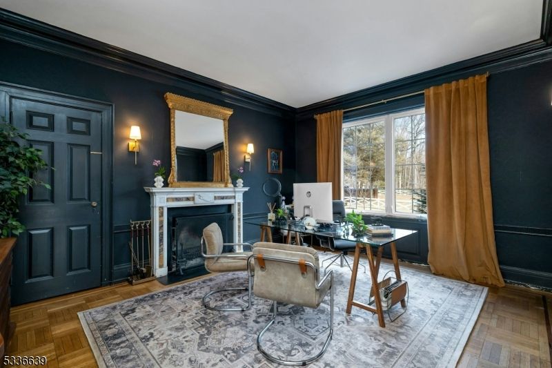 Fireplace, Home Office, Interior, Wood Texture Flooring