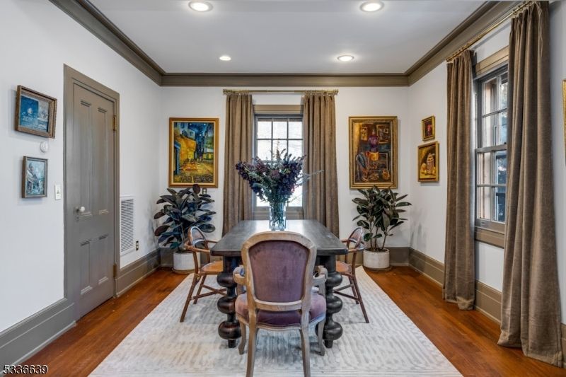 Dining room, Interior, Recessed Lighting, Wood Texture Flooring