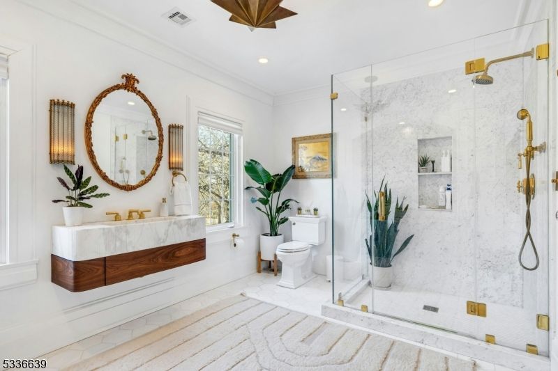 Bathroom, Glass Shower, Interior, Marble Walls, Recessed Lighting