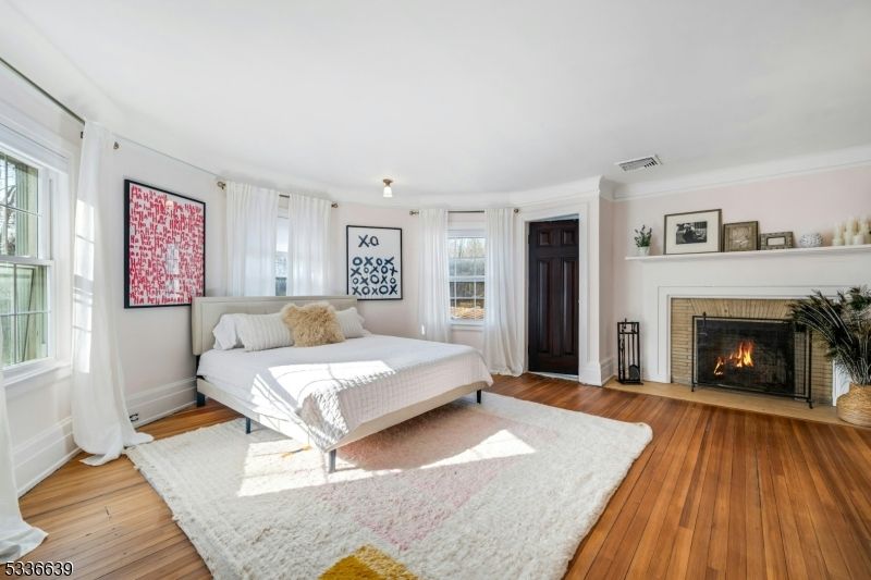 Bedroom, Fireplace, Interior, Wood Texture Flooring