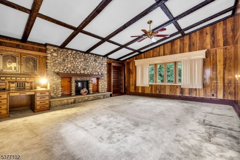 Empty room, Fireplace, Interior, Stone Walls, Wooden Beams, Wooden Walls