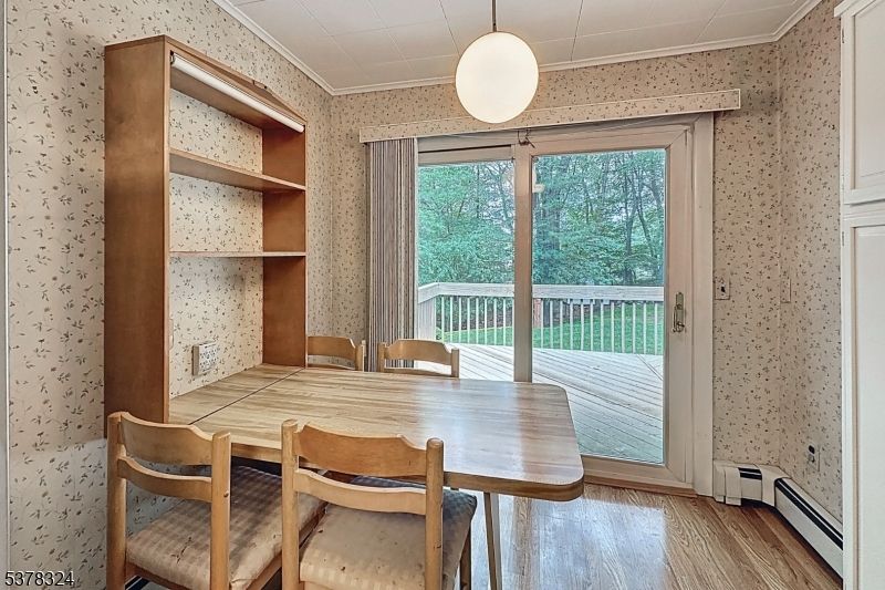 Dining room, Interior, Pendant Lights, Wood Texture Flooring
