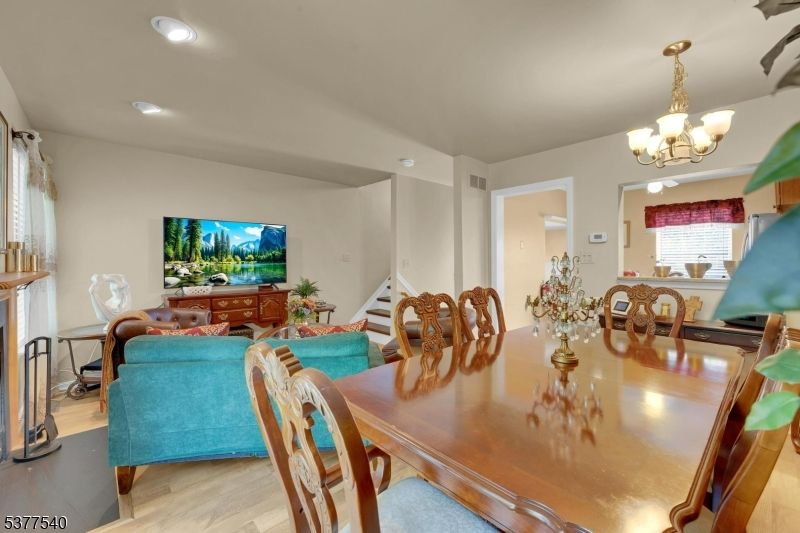 Chandelier, Dining room, Interior, Living room, Recessed Lighting, Wood Texture Flooring