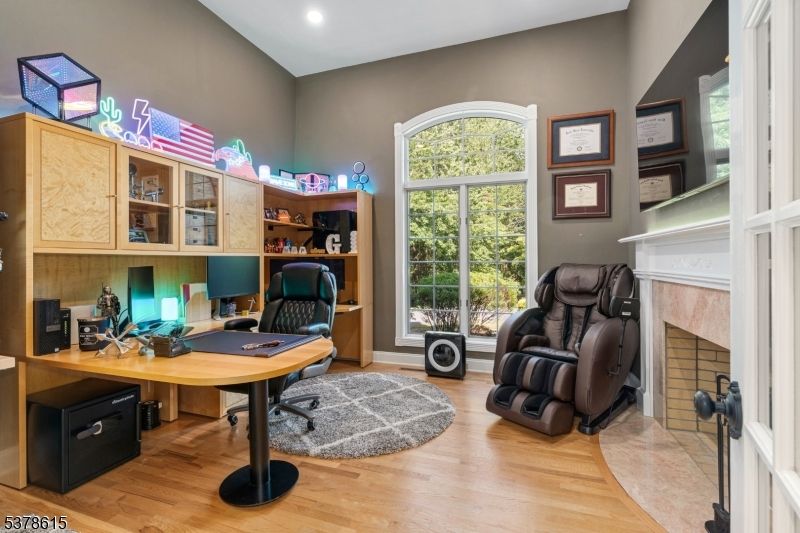Fireplace, Home Office, Interior, Recessed Lighting, Wood Texture Flooring