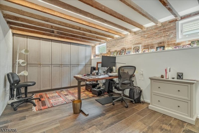 Home Office, Interior, Stone Walls, Wooden Beams, Wood Texture Flooring