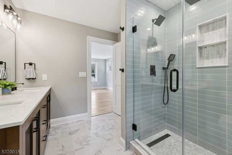 Bathroom, Glass Shower, Interior, Marble, Wood Texture Flooring