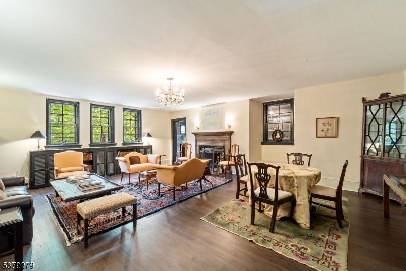 Chandelier, Dining room, Fireplace, Interior, Living room, Wood Texture Flooring