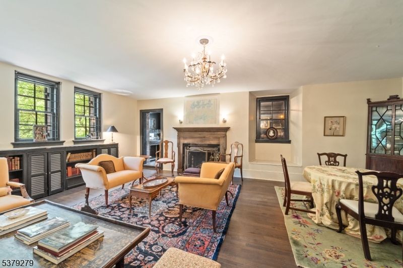 Chandelier, Dining room, Fireplace, Interior, Living room, Wood Texture Flooring