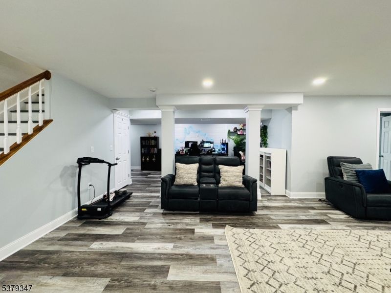 Fireplace, Interior, Living room, Recessed Lighting, Wood Texture Flooring