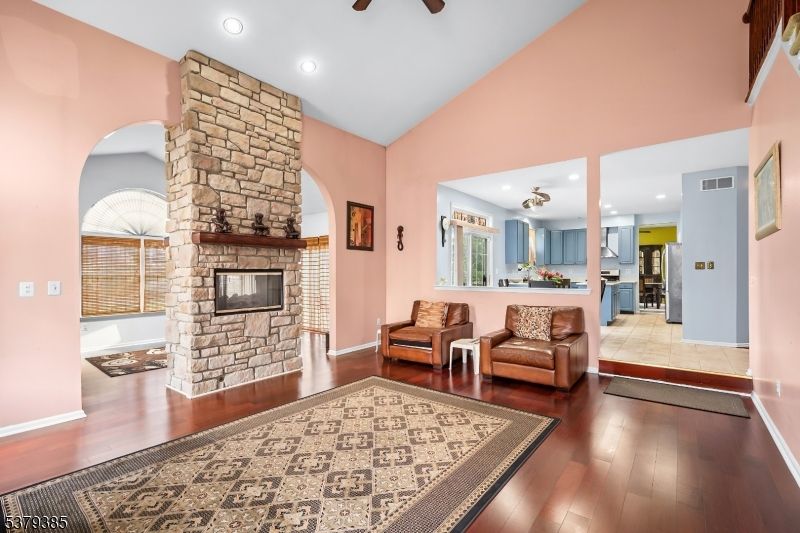 Fireplace, Interior, Kitchen, Recessed Lighting, Stone Walls, Wood Texture Flooring