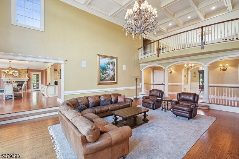 Chandelier, Interior, Living room, Recessed Lighting, Wood Texture Flooring