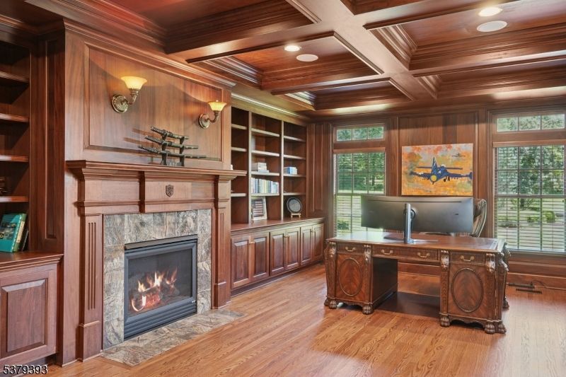 Fireplace, Home Office, Interior, Recessed Lighting, Wooden Beams, Wooden Ceilings, Wood Texture Flooring, Wooden Walls