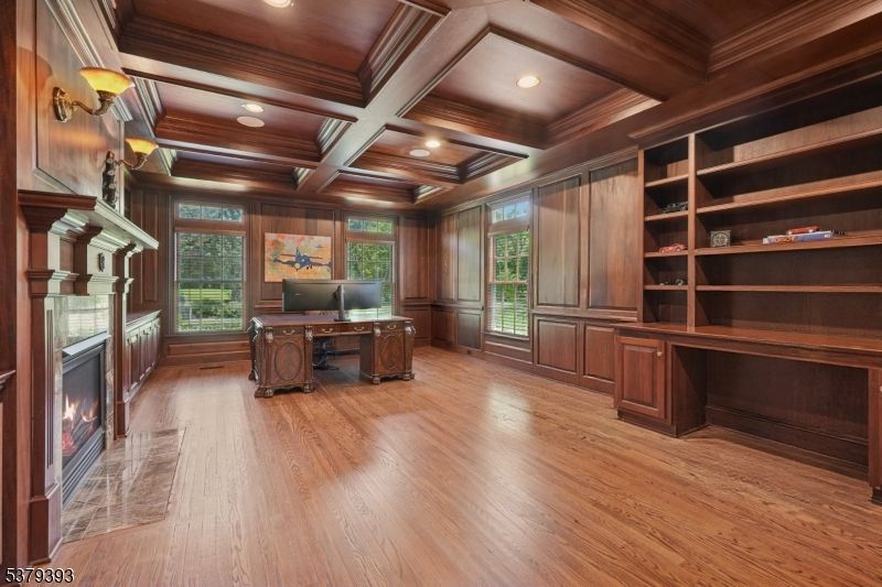 Fireplace, Home Office, Interior, Recessed Lighting, Wooden Beams, Wooden Ceilings, Wood Texture Flooring, Wooden Walls