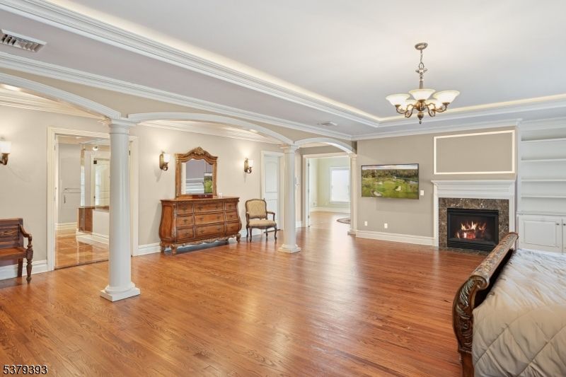 Chandelier, Fireplace, Interior, Wood Texture Flooring