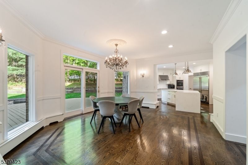 Chandelier, Dining room, Interior, Kitchen, Recessed Lighting, Wood Texture Flooring