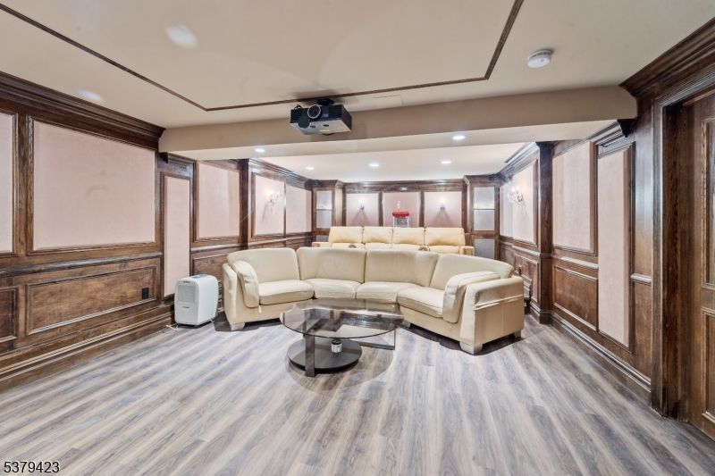 Interior, Living room, Projection Screen, Recessed Lighting, Theatre Room, Wood Texture Flooring