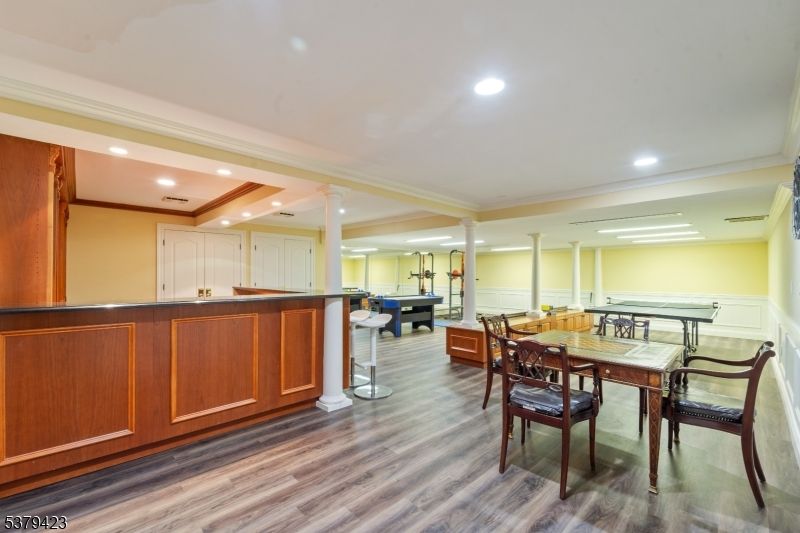 Dining room, Game Room, Interior, Pendant Lights, Recessed Lighting, Wood Texture Flooring