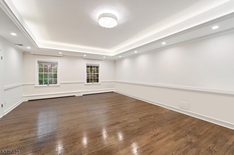 Chandelier, Empty room, Interior, Recessed Lighting, Wood Texture Flooring