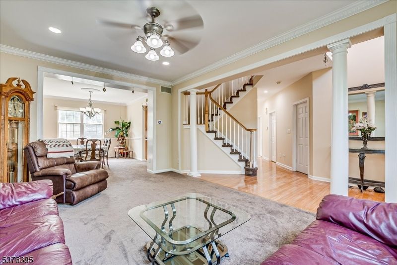 Chandelier, Dining room, Interior, Living room, Recessed Lighting, Wood Texture Flooring