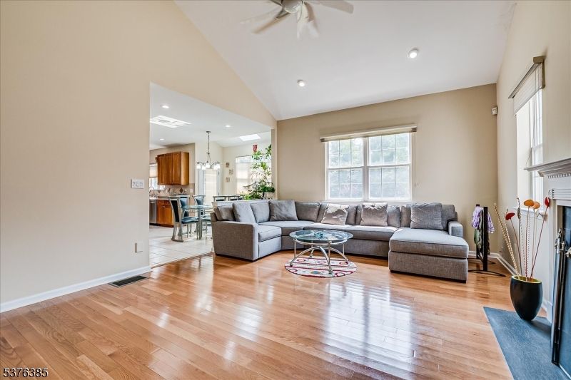 Fireplace, Interior, Kitchen, Living room, Pendant Lights, Recessed Lighting, Wood Texture Flooring