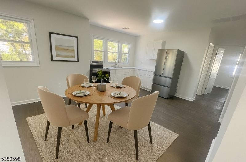Dining room, Interior, Kitchen, Recessed Lighting, Wood Texture Flooring