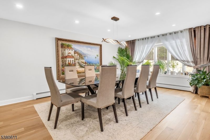 Dining room, Interior, Pendant Lights, Recessed Lighting, Wood Texture Flooring