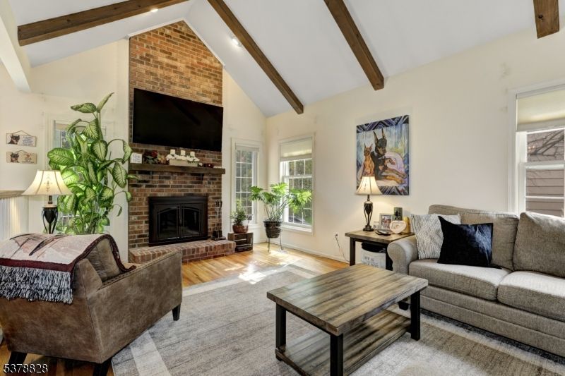 Fireplace, Interior, Living room, Stone Walls, Wooden Beams, Wood Texture Flooring