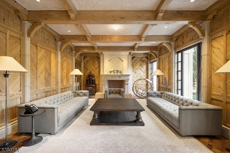 Fireplace, Interior, Living room, Recessed Lighting, Wooden Beams, Wood Texture Flooring, Wooden Walls