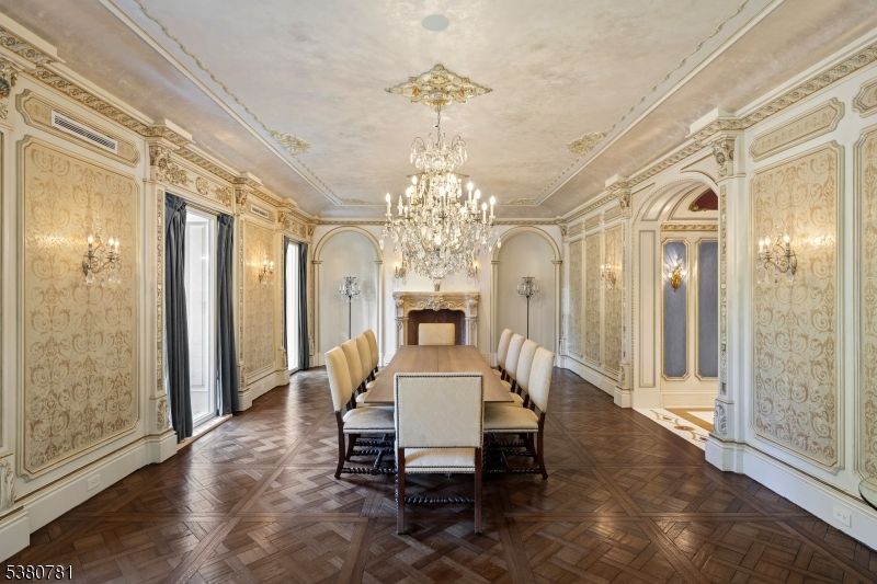 Chandelier, Dining room, Interior, Wood Texture Flooring