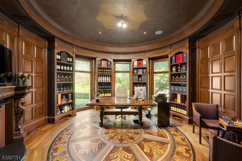 Home Office, Interior, Recessed Lighting, Wood Texture Flooring, Wooden Walls