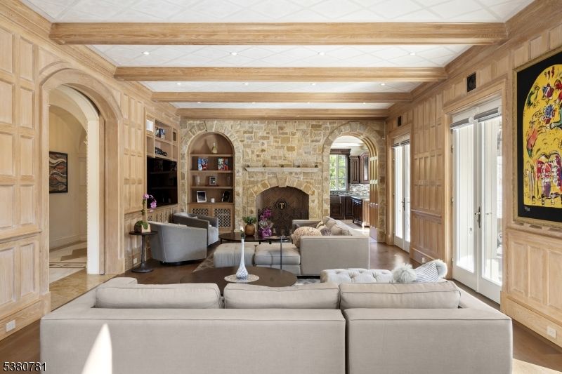 Fireplace, Interior, Living room, Recessed Lighting, Stone Walls, Wooden Beams, Wood Texture Flooring