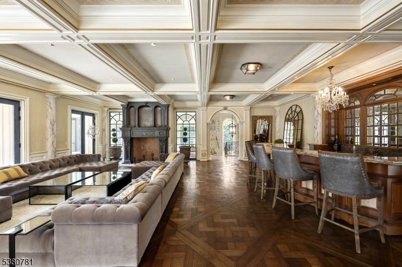 Chandelier, Fireplace, Interior, Living room, Recessed Lighting, Wood Texture Flooring