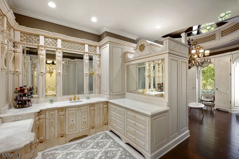 Bathroom, Chandelier, Interior, Recessed Lighting, Wood Texture Flooring