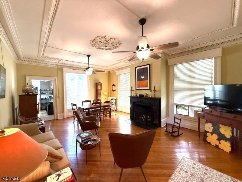Dining room, Fireplace, Interior, Living room, Wood Texture Flooring